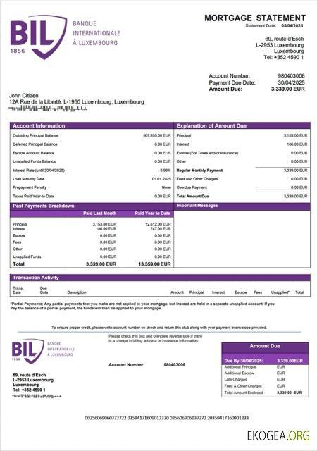 Luxembourg Banque Internationale à Luxembourg Relevé hypothécaire Modèle Word et PDF